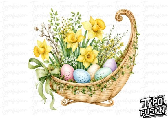 Botanical Daffodil Easter Basket Clipart