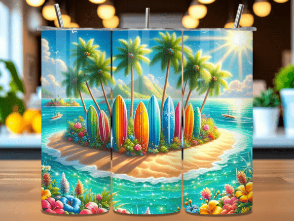 Creating a Customized Tumbler Wrap with the Tropical Beach Surfboard Design