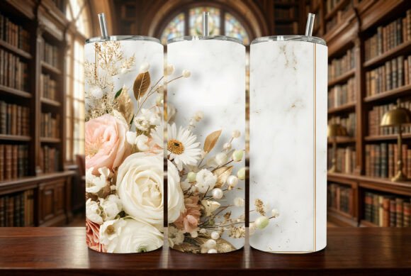 Elegant White Peach Floral Gold Tumbler Design – A Versatile Gift and Business Asset