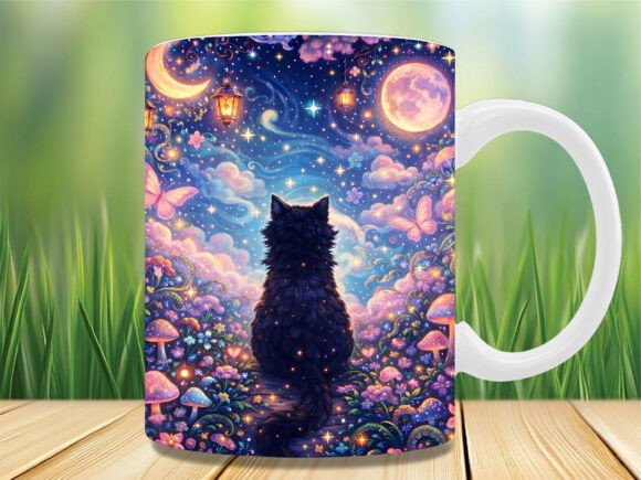 Fluffy Black Cat Starry Sky Mug Wrap Png: A Perfect Blend of Humor and Art