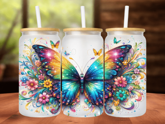 Rainbow Butterfly Floral 16oz Tumbler Wrap