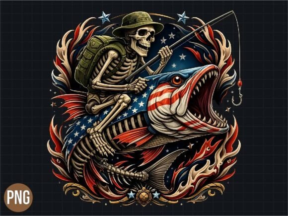 Skeleton Fishing USA Flag Fish PNG Shirt