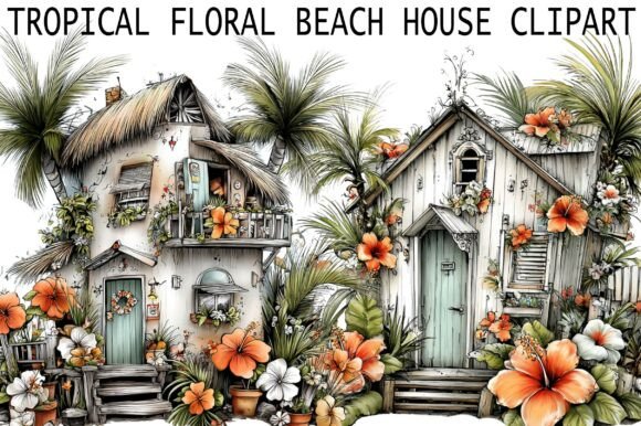 Tropical Floral Beach House Clipart